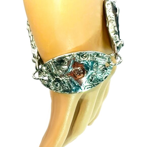 Amber Sea Glass Mixed Metals Butterfly Bracelet w/ Artisan Silver & Copper Adjus - Picture 7 of 16